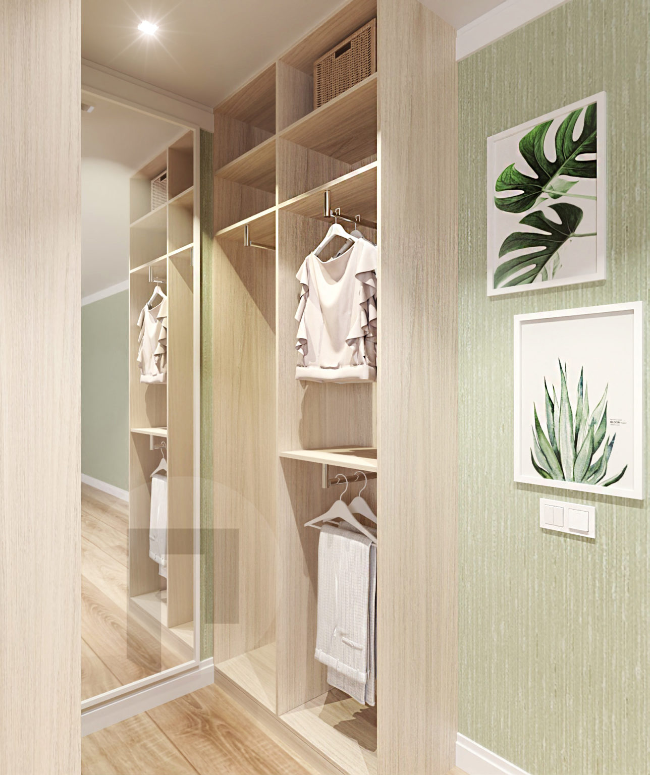 Маленькая угловая гардеробная из экологичных материалов.